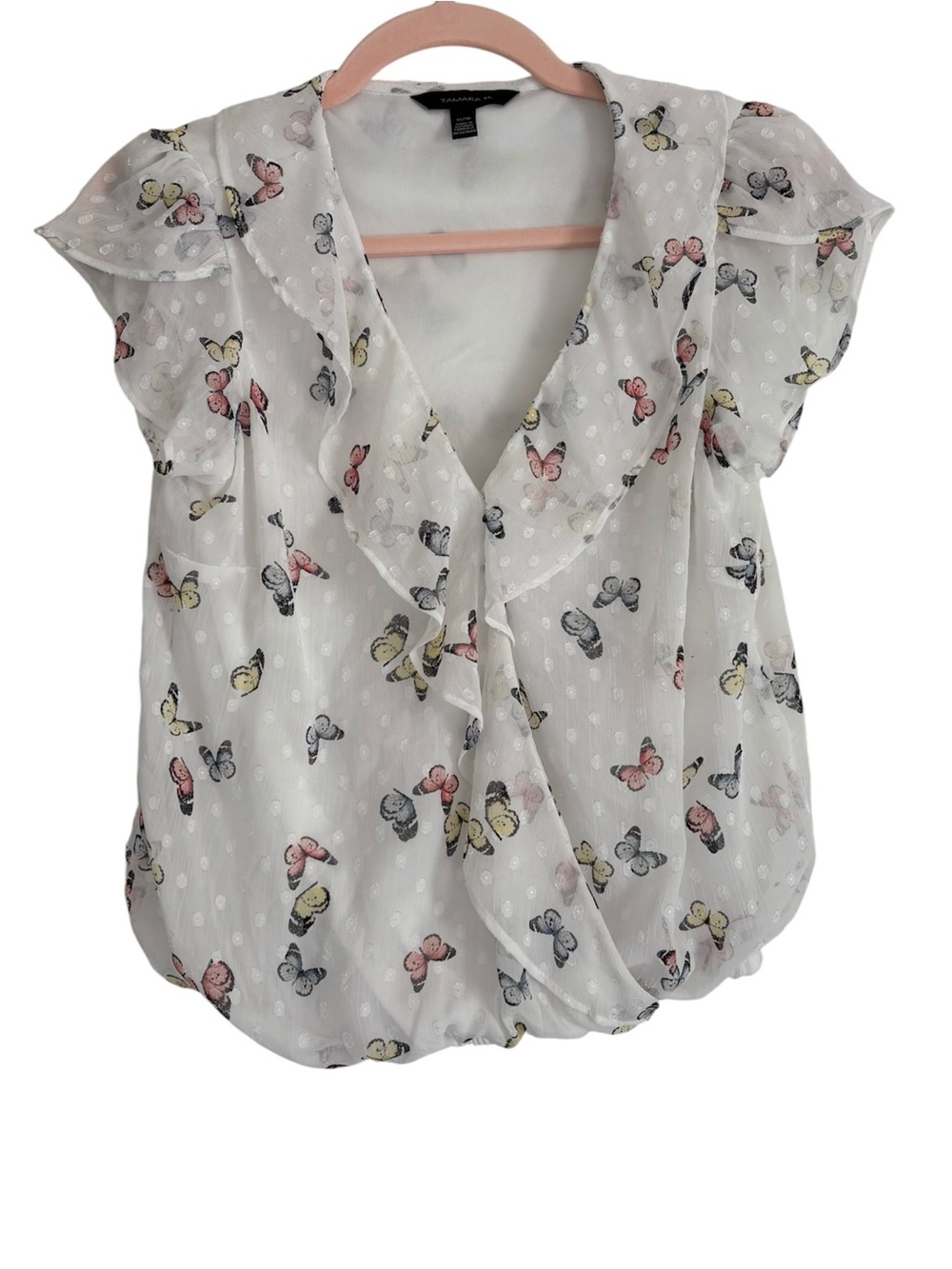 Tamara H. Sheer White Butterfly Print Ruffle Blouse - Woman Within